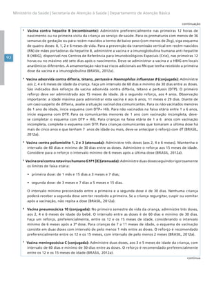92
Ministério da Saúde | Secretaria de Atenção à Saúde | Departamento de Atenção Básica
2
Vacina contra hepatite B (recombinante): Administre preferencialmente nas primeiras 12 horas de
nascimento ou na primeira visita da criança ao serviço de saúde. Para os prematuros com menos de 36
semanas de gestação ou para recém-nascidos a termo de baixo peso (com menos de 2kg), siga esquema
de quatro doses: 0, 1, 2 e 6 meses de vida. Para a prevenção da transmissão vertical em recém-nascidos
(RN) de mães portadoras da hepatite B, administre a vacina e a imunoglobulina humana anti-hepatite
B (HBIG), disponível nos Centros de Referência para Imunobiológicos Especiais (Crie), nas primeiras 12
horas ou no máximo até sete dias após o nascimento. Deve-se administrar a vacina e a HBIG em locais
anatômicos diferentes. A amamentação não traz riscos adicionais ao RN que tenha recebido a primeira
dose da vacina e a imunoglobulina (BRASIL, 2012a).
3
Vacina adsorvida contra difteria, tétano, pertussis e Haemophilus influenzae B (conjugada): Administre
aos 2, 4 e 6 meses de idade da criança. Faça um intervalo de 60 dias e mínimo de 30 dias entre as doses.
São indicados dois reforços da vacina adsorvida contra difteria, tétano e pertussis (DTP). O primeiro
reforço deve ser administrado aos 15 meses de idade. Já o segundo reforço, aos 4 anos. Observação
importante: a idade máxima para administrar esta vacina é aos 6 anos, 11 meses e 29 dias. Diante de
um caso suspeito de difteria, avalie a situação vacinal dos comunicantes. Para os não vacinados menores
de 1 ano de idade, inicie esquema com DTP+ Hib. Para não vacinados na faixa etária entre 1 a 6 anos,
inicie esquema com DTP. Para os comunicantes menores de 1 ano com vacinação incompleta, deve-
se completar o esquema com DTP + Hib. Para crianças na faixa etária de 1 a 6 anos com vacinação
incompleta, complete o esquema com DTP. Para crianças comunicantes que tomaram a última dose há
mais de cinco anos e que tenham 7 anos de idade ou mais, deve-se antecipar o reforço com dT (BRASIL,
2012a).
4
Vacina contra poliomielite 1, 2 e 3 (atenuada): Administre três doses (aos 2, 4 e 6 meses). Mantenha o
intervalo de 60 dias e mínimo de 30 dias entre as doses. Administre o reforço aos 15 meses de idade.
Considere para o reforço o intervalo mínimo de 6 meses após a última dose (BRASIL, 2012a).
5
Vacina oral contra rotavírus humano G1P1 [8] (atenuada): Administre duas doses seguindo rigorosamente
os limites de faixa etária:
• primeira dose: de 1 mês e 15 dias a 3 meses e 7 dias;
• segunda dose: de 3 meses e 7 dias a 5 meses e 15 dias.
O intervalo mínimo preconizado entre a primeira e a segunda dose é de 30 dias. Nenhuma criança
poderá receber a segunda dose sem ter recebido a primeira. Se a criança regurgitar, cuspir ou vomitar
após a vacinação, não repita a dose (BRASIL, 2012a).
6
Vacina pneumocócica 10 (conjugada): No primeiro semestre de vida da criança, administre três doses,
aos 2, 4 e 6 meses de idade do bebê. O intervalo entre as doses é de 60 dias e mínimo de 30 dias.
Faça um reforço, preferencialmente, entre os 12 e os 15 meses de idade, considerando o intervalo
mínimo de 6 meses após a 3ª dose. Para crianças de 7 a 11 meses de idade, o esquema de vacinação
consiste em duas doses com intervalo de pelo menos 1 mês entre as doses. O reforço é recomendado
preferencialmente entre os 12 e os 15 meses, com intervalo de pelo menos 2 meses (BRASIL, 2012a).
7
Vacina meningocócica C (conjugada): Administre duas doses, aos 3 e 5 meses de idade da criança, com
intervalo de 60 dias e mínimo de 30 dias entre as doses. O reforço é recomendado preferencialmente
entre os 12 e os 15 meses de idade (BRASIL, 2012a).
continuação
continua
 