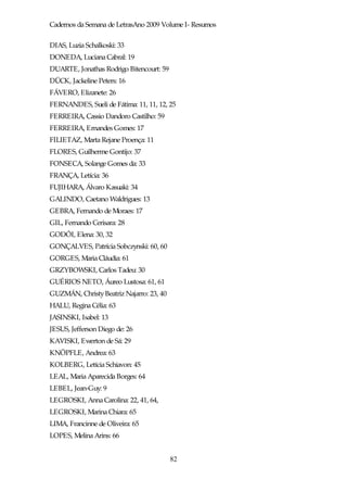 Cadernos da Semana de LetrasAno 2009 Volume I- Resumos

DIAS, Luzia Schalkoski: 33
DONEDA, Luciana Cabral: 19
DUARTE, Jonathas Rodrigo Bitencourt: 59
DÜCK, Jackeline Peters: 16
FÁVERO, Elizanete: 26
FERNANDES, Sueli de Fátima: 11, 11, 12, 25
FERREIRA, Cassio Dandoro Castilho: 59
FERREIRA, Ernandes Gomes: 17
FILIETAZ, Marta Rejane Proença: 11
FLORES, Guilherme Gontijo: 37
FONSECA, Solange Gomes da: 33
FRANÇA, Letícia: 36
FUJIHARA, Álvaro Kasuaki: 34
GALINDO, Caetano Waldrigues: 13
GEBRA, Fernando de Moraes: 17
GIL, Fernando Cerisara: 28
GODÓI, Elena: 30, 32
GONÇALVES, Patrícia Sobczynski: 60, 60
GORGES, Maria Cláudia: 61
GRZYBOWSKI, Carlos Tadeu: 30
GUÉRIOS NETO, Áureo Lustosa: 61, 61
GUZMÁN, Christy Beatriz Najarro: 23, 40
HALU, Regina Célia: 63
JASINSKI, Isabel: 13
JESUS, Jefferson Diego de: 26
KAVISKI, Ewerton de Sá: 29
KNÖPFLE, Andrea: 63
KOLBERG, Letícia Schiavon: 45
LEAL, Maria Aparecida Borges: 64
LEBEL, Jean-Guy: 9
LEGROSKI, Anna Carolina: 22, 41, 64,
LEGROSKI, Marina Chiara: 65
LIMA, Francinne de Oliveira: 65
LOPES, Melina Arins: 66


                                          82
 