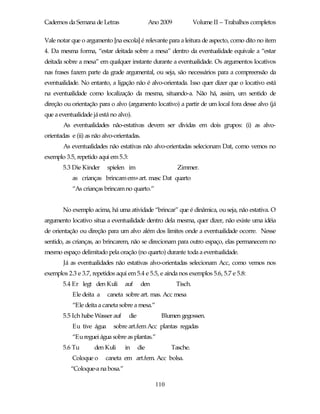 Cadernos da Semana de Letras                     Ano 2009            Volume II – Trabalhos completos

Vale notar que o argumento [na escola] é relevante para a leitura de aspecto, como dito no item
4. Da mesma forma, “estar deitada sobre a mesa” dentro da eventualidade equivale a “estar
deitada sobre a mesa” em qualquer instante durante a eventualidade. Os argumentos locativos
nas frases fazem parte da grade argumental, ou seja, são necessários para a compreensão da
eventualidade. No entanto, a ligação não é alvo-orientada. Isso quer dizer que o locativo está
na eventualidade como localização da mesma, situando-a. Não há, assim, um sentido de
direção ou orientação para o alvo (argumento locativo) a partir de um local fora desse alvo (já
que a eventualidade já está no alvo).
        As eventualidades não-estativas devem ser dividas em dois grupos: (i) as alvo-
orientadas e (ii) as não alvo-orientadas.
        As eventualidades não estativas não alvo-orientadas selecionam Dat, como vemos no
exemplo 3.5, repetido aqui em 5.3:
       5.3 Die Kinder     spielen im                        Zimmer.
           as crianças brincam em+art. masc Dat quarto
           “As crianças brincam no quarto.”


       No exemplo acima, há uma atividade “brincar” que é dinâmica, ou seja, não estativa. O
argumento locativo situa a eventualidade dentro dela mesma, quer dizer, não existe uma idéia
de orientação ou direção para um alvo além dos limites onde a eventualidade ocorre. Nesse
sentido, as crianças, ao brincarem, não se direcionam para outro espaço, elas permanecem no
mesmo espaço delimitado pela oração (no quarto) durante toda a eventualidade.
        Já as eventualidades não estativas alvo-orientadas selecionam Acc, como vemos nos
exemplos 2.3 e 3.7, repetidos aqui em 5.4 e 5.5, e ainda nos exemplos 5.6, 5.7 e 5.8:
       5.4 Er legt den Kuli       auf       den             Tisch.
           Ele deita a    caneta sobre art. mas. Acc mesa
           “Ele deita a caneta sobre a mesa.”
       5.5 Ich habe Wasser auf       die             Blumen gegossen.
           Eu tive água      sobre art.fem Acc plantas regadas
           “Eu reguei água sobre as plantas.”
       5.6 Tu        den Kuli     in       die           Tasche.
           Coloque o      caneta em art.fem. Acc bolsa.
           “Coloque-a na bosa.”

                                                   110
 