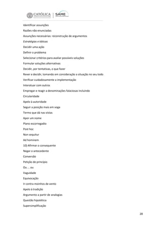 Identificar assunções
Razões não enunciadas
Assunções necessárias: reconstrução de argumentos
Estratégias e táticas
Decidir uma ação
Definir o problema
Selecionar critérios para avaliar possíveis soluções
Formular soluções alternativas
Decidir, por tentativas, o que fazer
Rever e decidir, tomando em consideração a situação no seu todo
Verificar cuidadosamente a implementação
Interatuar com outros
Empregar e reagir a denominações falaciosas incluindo
Circularidade
Apelo à autoridade
Seguir a posição mais em voga
Termo que dá nas vistas
Apor um nome
Plano escorregadio
Post hoc
Non sequitur
Ad hominem
10) Afirmar o consequente
Negar o antecedente
Conversão
Petição de princípio
Ou ... ou
Vaguidade
Equivocação
Ir contra moinhos de vento
Apelo à tradição
Argumento a partir de analogias
Questão hipotética
Supersimplificação
28

 