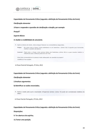 Capacidades de Pensamento Crítico (segundo a definição de Pensamento Crítico de Ennis)
Clarificação elementar
3.Fazer e responder a questões de clarificação e desafio, por exemplo
Porquê?
Suporte Básico
4. Avaliar a credibilidade de uma fonte.

In Prova Final de Português, 2º Ciclo, 2013

Capacidades de Pensamento Crítico (segundo a definição de Pensamento Crítico de Ennis)
Clarificação elementar
2.Analisar argumentos:
b) Identificar as razões enunciadas;

In Prova Final de Português, 3º Ciclo, 2013

Capacidades de Pensamento Crítico (segundo a definição de Pensamento Crítico de Ennis)
Disposições:
9. Ter abertura de espírito;
11.Tomar uma posição.

34

 