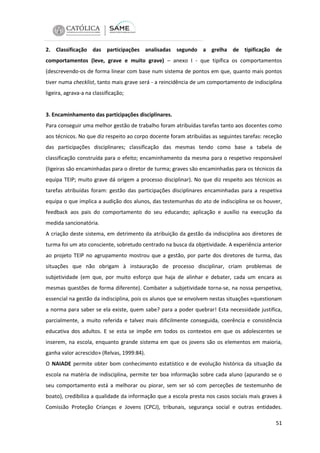 2. Classificação das participações analisadas segundo a grelha de tipificação de
comportamentos (leve, grave e muito grave) – anexo I - que tipifica os comportamentos
(descrevendo-os de forma linear com base num sistema de pontos em que, quanto mais pontos
tiver numa checklist, tanto mais grave será - a reincidência de um comportamento de indisciplina
ligeira, agrava-a na classificação;

3. Encaminhamento das participações disciplinares.
Para conseguir uma melhor gestão de trabalho foram atribuídas tarefas tanto aos docentes como
aos técnicos. No que diz respeito ao corpo docente foram atribuídas as seguintes tarefas: receção
das participações disciplinares; classificação das mesmas tendo como base a tabela de
classificação construída para o efeito; encaminhamento da mesma para o respetivo responsável
(ligeiras são encaminhadas para o diretor de turma; graves são encaminhadas para os técnicos da
equipa TEIP; muito grave dá origem a processo disciplinar). No que diz respeito aos técnicos as
tarefas atribuídas foram: gestão das participações disciplinares encaminhadas para a respetiva
equipa o que implica a audição dos alunos, das testemunhas do ato de indisciplina se os houver,
feedback aos pais do comportamento do seu educando; aplicação e auxílio na execução da
medida sancionatória.
A criação deste sistema, em detrimento da atribuição da gestão da indisciplina aos diretores de
turma foi um ato consciente, sobretudo centrado na busca da objetividade. A experiência anterior
ao projeto TEIP no agrupamento mostrou que a gestão, por parte dos diretores de turma, das
situações que não obrigam à instauração de processo disciplinar, criam problemas de
subjetividade (em que, por muito esforço que haja de alinhar e debater, cada um encara as
mesmas questões de forma diferente). Combater a subjetividade torna-se, na nossa perspetiva,
essencial na gestão da indisciplina, pois os alunos que se envolvem nestas situações «questionam
a norma para saber se ela existe, quem sabe? para a poder quebrar! Esta necessidade justifica,
parcialmente, a muito referida e talvez mais dificilmente conseguida, coerência e consistência
educativa dos adultos. E se esta se impõe em todos os contextos em que os adolescentes se
inserem, na escola, enquanto grande sistema em que os jovens são os elementos em maioria,
ganha valor acrescido» (Relvas, 1999:84).
O NAIADE permite obter bom conhecimento estatístico e de evolução histórica da situação da
escola na matéria de indisciplina, permite ter boa informação sobre cada aluno (apurando se o
seu comportamento está a melhorar ou piorar, sem ser só com perceções de testemunho de
boato), credibiliza a qualidade da informação que a escola presta nos casos sociais mais graves à
Comissão Proteção Crianças e Jovens (CPCJ), tribunais, segurança social e outras entidades.
51

 
