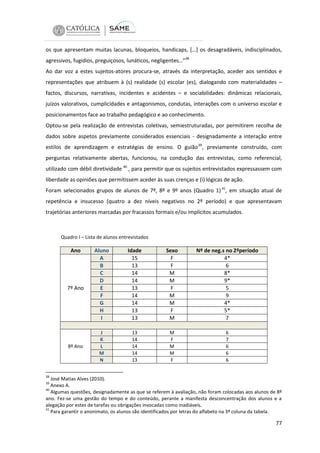os que apresentam muitas lacunas, bloqueios, handicaps, […] os desagradáveis, indisciplinados,
agressivos, fugidios, preguiçosos, lunáticos, negligentes…”38
Ao dar voz a estes sujeitos-atores procura-se, através da interpretação, aceder aos sentidos e
representações que atribuem à (s) realidade (s) escolar (es), dialogando com materialidades –
factos, discursos, narrativas, incidentes e acidentes – e sociabilidades: dinâmicas relacionais,
juízos valorativos, cumplicidades e antagonismos, condutas, interações com o universo escolar e
posicionamentos face ao trabalho pedagógico e ao conhecimento.
Optou-se pela realização de entrevistas coletivas, semiestruturadas, por permitirem recolha de
dados sobre aspetos previamente considerados essenciais - designadamente a interação entre
estilos de aprendizagem e estratégias de ensino. O guião 39 , previamente construído, com
perguntas relativamente abertas, funcionou, na condução das entrevistas, como referencial,
utilizado com débil diretividade 40 , para permitir que os sujeitos entrevistados expressassem com
liberdade as opiniões que permitissem aceder às suas crenças e (i) lógicas de ação.
Foram selecionados grupos de alunos de 7º, 8º e 9º anos (Quadro 1) 41, em situação atual de
repetência e insucesso (quatro a dez níveis negativos no 2º período) e que apresentavam
trajetórias anteriores marcadas por fracassos formais e/ou implícitos acumulados.

Quadro I – Lista de alunos entrevistados

Ano

7º Ano

8º Ano

Aluno
A
B
C
D
E
F
G
H
I

Idade
15
13
14
14
13
14
14
13
13

Sexo
F
F
M
M
F
M
M
F
M

Nº de neg.s no 2ºperíodo
4*
6
8*
9*
5
9
4*
5*
7

J
K
L
M
N

13
14
14
14
13

M
F
M
M
F

6
7
6
6
6

38

José Matias Alves (2010).
Anexo A.
40
Algumas questões, designadamente as que se referem à avaliação, não foram colocadas aos alunos de 8º
ano. Fez-se uma gestão do tempo e do conteúdo, perante a manifesta desconcentração dos alunos e a
alegação por estes de tarefas ou obrigações invocadas como inadiáveis.
41
Para garantir o anonimato, os alunos são identificados por letras do alfabeto na 3ª coluna da tabela.
39

77

 