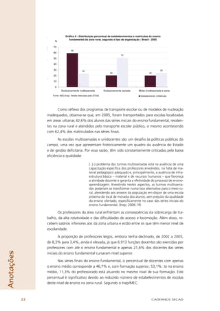 Como reﬂexo dos programas de transporte escolar ou de modelos de nucleação
                 inadequados, observa-se que, em 2005, foram transportados para escolas localizadas
                 em áreas urbanas 42,6% dos alunos das séries iniciais do ensino fundamental, residen-
                 tes na zona rural e atendidos pelo transporte escolar público, o mesmo acontecendo
                 com 62,4% dos matriculados nas séries ﬁnais.

                       As escolas multisseriadas e unidocentes são um desaﬁo às políticas públicas do
                 campo, uma vez que apresentam historicamente um quadro da ausência do Estado
                 e de gestão deﬁcitária. Por essa razão, têm sido constantemente criticadas pela baixa
                 eﬁciência e qualidade:

                                           [..] o problema das turmas multisseriadas está na ausência de uma
                                           capacitação especíﬁca dos professores envolvidos, na falta de ma-
                                           terial pedagógico adequado e, principalmente, a ausência de infra-
                                           estrutura básica – material e de recursos humanos – que favoreça
                                           a atividade docente e garanta a efetividade do processo de ensino-
                                           aprendizagem. Investindo nestes aspectos, as turmas multisseria-
                                           das poderiam se transformar numa boa alternativa para o meio ru-
                                           ral, atendendo aos anseios da população em dispor de uma escola
                                           próxima do local de moradia dos alunos, sem prejuízo da qualidade
                                           do ensino ofertado, especiﬁcamente no caso das séries iniciais do
                                           ensino fundamental. (Inep, 2006:19)

                       Os professores da área rural enfrentam as conseqüências da sobrecarga de tra-
                 balho, da alta rotatividade e das diﬁculdades de acesso e locomoção. Além disso, re-
                 cebem salários inferiores aos da zona urbana e estão entre os que têm menor nível de
                 escolaridade.

                         A proporção de professores leigos, embora tenha declinado, de 2002 a 2005,
                 de 8,3% para 3,4%, ainda é elevada, já que 6.913 funções docentes são exercidas por
                 professores com até o ensino fundamental e apenas 21,6% dos docentes das séries
Anotações




                 iniciais do ensino fundamental cursaram nível superior.

                        Nas séries ﬁnais do ensino fundamental, o percentual de docentes com apenas
                 o ensino médio corresponde a 46,7% e, com formação superior, 53,1%. Já no ensino
                 médio, 11,3% do professorado está atuando no mesmo nível de sua formação. Este
                 percentual é signiﬁcativo devido ao reduzido número de estabelecimentos de escolas
                 deste nível de ensino na zona rural. Segundo o Inep/MEC:



            22                                                                        CADERNOS SECAD
 