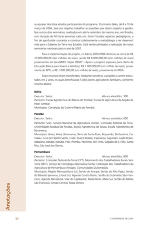 as equipes dos doze estados participantes do programa. O primeiro deles, de 8 a 10 de
                 março de 2006, teve por objetivo trabalhar as questões que dizem respeito à gestão.
                 Nos outros dois seminários, realizados em abril e setembro do mesmo ano, em Brasília,
                 com duração de 40 horas semanais cada um, foram focados aspectos pedagógicos, a
                 ﬁm de aprofundar conceitos e construir coletivamente a metodologia a ser desenvol-
                 vida para o Saberes da Terra nos Estados. Está sendo planejada a realização de novos
                 seminários nacionais para o ano de 2007.

                        Para a implementação do projeto, no biênio 2005/2006 destinou-se cerca de R$
                 10.000.000,00 (dez milhões de reais), sendo R$ 8.000.000,00 (oito milhões de reais)
                 provenientes da Secad/MEC (Ação 09507 – Apoio a projetos especiais para oferta de
                 Educação Básica para Jovens e Adultos), R$ 1.000.000,00 (um milhão de reais), prove-
                 niente do MTE, e R$ 1.000.000,00 (um milhão de reais), proveniente do MDA.

                       Esses recursos foram transferidos, mediante convênio, a projetos a serem execu-
                 tados em 2 anos, os quais beneﬁciarão 5.060 jovens agricultores familiares, conforme
                 resumo abaixo:

                 Bahia
                 Executor: Seduc                                            Alunos atendidos: 300
                 Parceiros: Escola Agrotécnica de Ribeira do Pombal, Escola de Agricultura da Região de
                 Irecê, Semear.
                 Municípios: Conceição do Coité e Ribeira do Pombal.

                 Paraíba
                 Executor: Seduc                                               Alunos atendidos: 600
                 Parceiros: Seec, Serviço Nacional da Agricultura (Senar), Comissão Pastoral da Terra,
                 Universidade Estadual da Paraíba, Escola Agrotécnica de Sousa, Escola Agrotécnica de
                 Bananeiras.
                 Municípios: Arara, Areia, Bananeiras, Barra de Santa Rosa, Boqueirão, Borborema, Ca-
                 malau, Cruz do Espírito Santo, Cuité, Duas Estradas, Esperança, Fagundes, Gado Bravo,
                 Itabaiana, Itatuba, Natuba, Pilar, Pitimbu, Pocinhos, Rio Tinto, Salgado de S. Felix, Santa
                 Rita, São José dos Ramos.

                 Pernambuco
                 Executor: Seduc                                             Alunos atendidos: 800
                 Parceiros: Comissão Pastoral da Terra (CPT), Movimento dos Trabalhadores Rurais Sem
                 Terra (MST), Serviço de Tecnologia Alternativa (Serta), Federação dos Trabalhadores da
                 Agricultura de Pernambuco (Fetape), Comunidades Quilombolas.
                 Municípios: Região Metropolitana Sul, Sertão do Araripe, Sertão do Alto Pajeú, Sertão
                 do Moxotó Ipanema, Litoral Sul, Agreste Centro Norte, Sertão do Submédio São Fran-
                 cisco, Agreste Meridional, Vale do Capibaribe, Mata Norte, Mata Sul, Sertão do Médio
                 São Francisco, Sertão Central, Mata Dentro.
Anotações




            32                                                                        CADERNOS SECAD
 