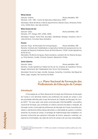 Minas Gerais
                 Executor: Undime                                          Alunos atendidos: 300
                 Parceiros: CAA – NM – Centro de Agricultura Alternativa, CEFET.
                 Municípios: Norte de Minas e Vale do Jequitinhonha: Montes Claros, Almenara, Portei-
                 rinha, Teóﬁlo Otoni, São João da Ponte.

                 Mato Grosso do Sul
                 Executor: Seduc                                                             Alunos atendidos: 300
                 Parceiros: CPT, Fetragri, MST, UFMS, UEMS.
                 Municípios: Itaquari, Ponta Porã, Dourados, Sidrolândia, Nioaque, Anastácio, Dois Ir-
                 mãos do Buriti, Corumbá, Nova Andradina.

                 Paraná
                 Executor: Assoc. de Municípios de Cantuquiriguaçu           Alunos atendidos: 400
                 Parceiros: Sindicato dos Trabalhadores na Agricultura Familiar de Laranjeiras do Sul, As-
                 sociação de Pequenos Produtores Rurais de Porto Barreiro, CESAP, Escola Agrotécnica
                 de Rio do Sul.
                 Municípios: Rio Bonito do Iguaçu, Nova Laranjeiras, Laranjeira do Sul, Reserva do Igua-
                 çu, Porto Barreiro, Candói, Virmond, Goioxim, Marquinho, Pinhão.

                 Santa Catarina
                 Executor: Seduc                                         Alunos atendidos: 400
                 Parceiros: Escola Agrotécnica Federal de Rio do Sul, Empresa de Assistência Técnica
                 (Epagri), Movimento dos Trabalhadores Sem Terra e Via Camponesa.
                 Municípios: Rio do Sul, Itajaí, Joinville, Aranguá, Canoinhas, Concórdia, São Miguel do
                 Oeste, Lages, Joaçaba, São Lourenço do Oeste.



                                                5.2. Plano Nacional de Formação dos
                                                Proﬁssionais da Educação do Campo

                 Introdução
                         A formulação de um Plano Nacional de Formação dos Proﬁssionais da Educação
                 do Campo é uma demanda histórica dos professores das escolas do campo e uma
                 das prioridades deﬁnidas pelo Grupo Permanente de Trabalho da Educação do Cam-
                 po (GPT)15. Por essa razão, está sendo construída pela CGEC/Secad/MEC uma política
                 nacional de formação, que contempla um sistema nacional articulado e integrado, de
                 formação inicial e continuada de proﬁssionais de Educação do Campo, buscando pos-
                 sibilitar o atendimento efetivo dessas demandas e a diversidade de sujeitos e contextos
                 presentes nas escolas do campo. A estratégia de implementação deve estabelecer um
Anotações




                 processo institucional que aproxime instituições de ensino, pesquisa e extensão, em
                 especial as Universidades, das redes de ensino do campo e de suas reais necessidades.




                 15 Colegiado criado pela Portaria MEC n° 1.374/03, para subsidiar a formulação de políticas públicas para a Edu-
                   cação do Campo.


            34                                                                                        CADERNOS SECAD
 