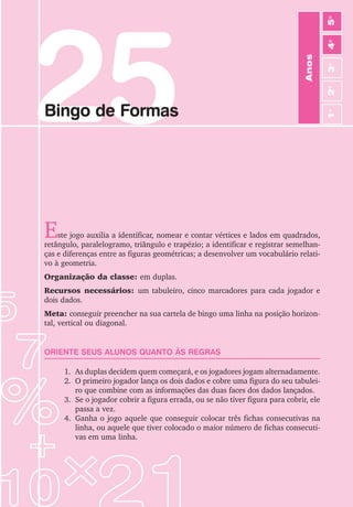 25
Bingo de Formas
Este jogo auxilia a identificar, nomear e contar vértices e lados em quadrados,
retângulo, paralelogramo, triângulo e trapézio; a identificar e registrar semelhan-
ças e diferenças entre as figuras geométricas; a desenvolver um vocabulário relati-
vo à geometria.
Organização da classe: em duplas.
Recursos necessários: um tabuleiro, cinco marcadores para cada jogador e
dois dados.
Meta: conseguir preencher na sua cartela de bingo uma linha na posição horizon-
tal, vertical ou diagonal.
ORIENTE SEUS ALUNOS QUANTO ÀS REGRAS
1. As duplas decidem quem começará, e os jogadores jogam alternadamente.
2. O primeiro jogador lança os dois dados e cobre uma figura do seu tabulei-
ro que combine com as informações das duas faces dos dados lançados.
3. Se o jogador cobrir a figura errada, ou se não tiver figura para cobrir, ele
passa a vez.
4. Ganha o jogo aquele que conseguir colocar três fichas consecutivas na
linha, ou aquele que tiver colocado o maior número de fichas consecuti-
vas em uma linha.
Anos
3
o
4
o
2
o
5
o
1
o
 
