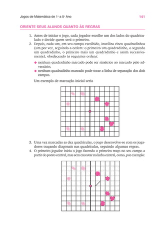 141
Jogos de Matemática de 1o
a 5o
Ano
ORIENTE SEUS ALUNOS QUANTO ÀS REGRAS
1. Antes de iniciar o jogo, cada jogador escolhe um dos lados do quadricu-
lado e decide quem será o primeiro.
2. Depois, cada um, em seu campo escolhido, inutiliza cinco quadradinhos
(um por vez, seguindo a ordem: o primeiro um quadradinho, o segundo
um quadradinho, o primeiro mais um quadradinho e assim sucessiva-
mente), obedecendo às seguintes ordens:
N nenhum quadradinho marcado pode ser simétrico ao marcado pelo ad-
versário;
N nenhum quadradinho marcado pode tocar a linha de separação dos dois
campos.
Um exemplo de marcação inicial seria
3. Uma vez marcadas as dez quadrículas, o jogo desenvolve-se com os joga-
dores traçando diagonais nas quadrículas, seguindo algumas regras.
4. O primeiro jogador inicia o jogo fazendo o primeiro traço no seu campo a
partir do ponto central, mas sem encostar na linha central, como, por exemplo:
 