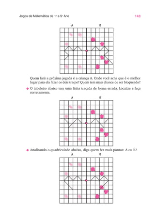 143
Jogos de Matemática de 1o
a 5o
Ano
Quem fará a próxima jogada é a criança A. Onde você acha que é o melhor
lugar para ela fazer os dois traços? Quem tem mais chance de ser bloqueado?
N O tabuleiro abaixo tem uma linha traçada de forma errada. Localize e faça
corretamente.
N Analisando o quadriculado abaixo, diga quem fez mais pontos: A ou B?
A B
A B
A B
 