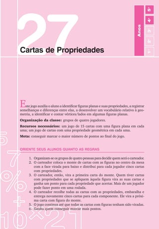 145
Jogos de Matemática de 1o
a 5o
Ano
27
Cartas de Propriedades
Este jogo auxilia o aluno a identificar figuras planas e suas propriedades, a registrar
semelhanças e diferenças entre elas, a desenvolver um vocabulário relativo à geo-
metria, a identificar e contar vértices/lados em algumas figuras planas.
Organização da classe: grupos de quatro jogadores.
Recursos necessários: um jogo de 15 cartas com uma figura plana em cada
uma; um jogo de cartas com uma propriedade geométrica em cada uma.
Meta: conseguir marcar o maior número de pontos ao final do jogo.
ORIENTE SEUS ALUNOS QUANTO AS REGRAS
1. Organizam-se os grupos de quatro pessoas para decidir quem será o carteador.
2. O carteador coloca o monte de cartas com as figuras no centro da mesa
com a face virada para baixo e distribui para cada jogador cinco cartas
com propriedades.
3. O carteador, então, vira a primeira carta do monte. Quem tiver cartas
com propriedades que se apliquem àquela figura vira as suas cartas e
ganha um ponto para cada propriedade que acertar. Mais de um jogador
pode fazer ponto em uma rodada.
4. O carteador recolhe todas as cartas com as propriedades, embaralha e
entrega novamente cinco cartas para cada componente. Ele vira a próxi-
ma carta com figura do monte.
5. O jogo continua até que todas as cartas com figuras tenham sido viradas.
6. Ganha quem conseguir marcar mais pontos.
Anos
3
o
4
o
2
o
5
o
1
o
 