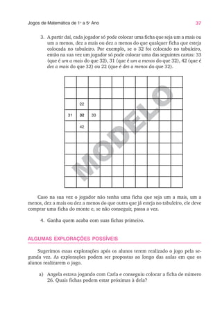 37
Jogos de Matemática de 1o
a 5o
Ano
M
O
D
ELO
3. A partir daí, cada jogador só pode colocar uma ficha que seja um a mais ou
um a menos, dez a mais ou dez a menos do que qualquer ficha que esteja
colocada no tabuleiro. Por exemplo, se o 32 foi colocado no tabuleiro,
então na sua vez um jogador só pode colocar uma das seguintes cartas: 33
(que é um a mais do que 32), 31 (que é um a menos do que 32), 42 (que é
dez a mais do que 32) ou 22 (que é dez a menos do que 32).
22
31 32 33
42
Caso na sua vez o jogador não tenha uma ficha que seja um a mais, um a
menos, dez a mais ou dez a menos do que outra que já esteja no tabuleiro, ele deve
comprar uma ficha do monte e, se não conseguir, passa a vez.
4. Ganha quem acaba com suas fichas primeiro.
ALGUMAS EXPLORAÇÕES POSSÍVEIS
Sugerimos essas explorações após os alunos terem realizado o jogo pela se-
gunda vez. As explorações podem ser propostas ao longo das aulas em que os
alunos realizarem o jogo.
a) Angela estava jogando com Carla e conseguiu colocar a ficha de número
26. Quais fichas podem estar próximas à dela?
 
