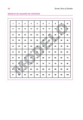 40 Smole, Diniz & Cândido
M
O
D
ELO
MODELO DE QUADRO DA CENTENA
1 2 3 4 5 6 7 8 9 10
11 12 13 14 15 16 17 18 19 20
21 22 23 24 25 26 27 28 29 30
31 32 33 34 35 36 37 38 39 40
41 42 43 44 45 46 47 48 49 50
51 52 53 54 55 56 57 58 59 60
61 62 63 64 65 66 67 68 69 70
71 72 73 74 75 76 77 78 79 80
81 82 83 84 85 86 87 88 89 90
91 92 93 94 95 96 97 98 99 100
 
