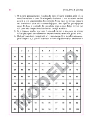 44 Smole, Diniz & Cândido
M
O
D
ELO
4. O mesmo procedimento é realizado pelo próximo jogador, mas se ele
também obtiver o valor 20 não poderá colocar o seu marcador no 80,
pois lá já tem um marcador do oponente. Nesse caso, ele terá de passar a
vez e continuar onde estava antes da jogada. Isso significa que o jogador
antes de dizer o resultado da conta feita com os seus dados precisa cui-
dar para não chegar ao valor de uma casa já marcada.
5. Se o jogador avaliar que não é possível chegar a uma casa de menor
valor que aquela que ele estava e que não esteja marcada, passa a vez.
6. O objetivo do jogo é seguir até o 1, exatamente. Se o jogador não conse-
guir chegar a 1, a partida continua até que alguém o atinja exatamente.
1 2 3 4 5 6 7 8 9 10
11 12 13 14 15 16 17 18 19 20
21 22 23 24 25 26 27 28 29 30
31 32 33 34 35 36 37 38 39 40
41 42 43 44 45 46 47 48 49 50
51 52 53 54 55 56 57 58 59 60
61 62 63 64 65 66 67 68 69 70
71 72 73 74 75 76 77 78 79 80
81 82 83 84 85 86 87 88 89 90
91 92 93 94 95 96 97 98 99 100
 