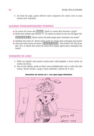 56 Smole, Diniz & Cândido
5. Ao final do jogo, quem obtiver mais conjuntos de cartas com as suas
somas será vencedor.
ALGUMAS PROBLEMATIZAÇÕES POSSÍVEIS
N As cartas de Lucas são . Qual é a soma dele durante o jogo?
N Paula tem sempre que formar 17. As cartas na mesa na sua vez de jogar são:
. Quais cartas ela pode pegar para conseguir sua soma?
N Antônia tem soma 21. Quais cartas pode ter virado para conseguir essa soma?
N Ana tem estas cartas na mesa: . Sua soma é 30. Ela já pe-
gou 10 e 2. Quais das cartas da mesa deve pegar agora para conseguir sua
soma?
VARIAÇÕES DO JOGO
1. Pode ser jogado com quatro cartas para cada jogador e nove cartas no
centro da mesa.
2. Em vez de adição, pode-se fazer uma multiplicação com o valor das três
cartas. Nessa versão, o jogo é mais indicado a partir do 4o
ano.
Desenhos de alunos do 1o
ano após jogar Borboleta
3 5 9
10
3 5 6 9 1 4
2
3 5 6 10 8 4
 