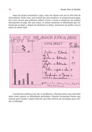 78 Smole, Diniz & Cândido
Antes de propor novamente o jogo, avise aos alunos com um ou dois dias de
antecedência. Nesse caso, será normal que eles estudem e se preparem para jogar.
Um outro recurso que podemos utilizar é levar a turma a monitorar seu próprio
desempenho no jogo. Em uma classe, os alunos anotaram as dificuldades que en-
frentaram ao jogar e, depois de tabularem os dados, montaram um gráfico com os
dados da classe toda:
A professora analisou com eles os problemas e fizeram juntos uma discussão
sobre como superar as dificuldades percebidas. Primeiro levantaram formas que
usavam para estudar e depois fizeram uma lista coletiva de estratégias para estu-
dar as tabuadas.
 