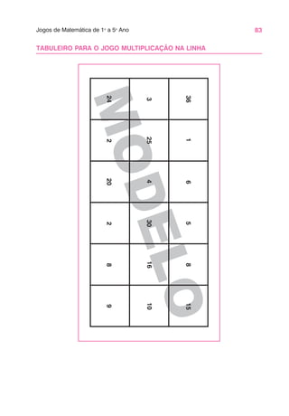 83
Jogos de Matemática de 1o
a 5o
Ano
M
O
D
E
L
O
TABULEIRO PARA O JOGO MULTIPLICAÇÃO NA LINHA
36
1
6
5
8
15
3
25
4
30
16
10
24
2
20
2
8
9
 
