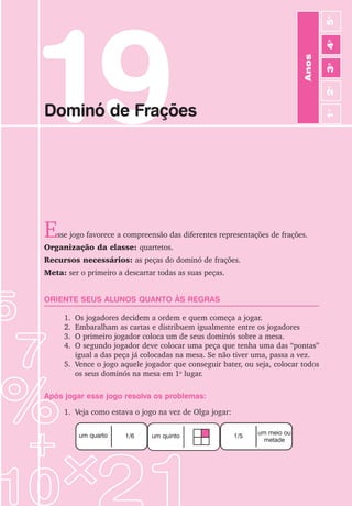 109
Jogos de Matemática de 1o
a 5o
Ano
19
Dominó de Frações
Esse jogo favorece a compreensão das diferentes representações de frações.
Organização da classe: quartetos.
Recursos necessários: as peças do dominó de frações.
Meta: ser o primeiro a descartar todas as suas peças.
ORIENTE SEUS ALUNOS QUANTO ÀS REGRAS
1. Os jogadores decidem a ordem e quem começa a jogar.
2. Embaralham as cartas e distribuem igualmente entre os jogadores
3. O primeiro jogador coloca um de seus dominós sobre a mesa.
4. O segundo jogador deve colocar uma peça que tenha uma das “pontas”
igual a das peça já colocadas na mesa. Se não tiver uma, passa a vez.
5. Vence o jogo aquele jogador que conseguir bater, ou seja, colocar todos
os seus dominós na mesa em 1o
lugar.
Após jogar esse jogo resolva os problemas:
1. Veja como estava o jogo na vez de Olga jogar:
Anos
3
o
4
o
2
o
5
o
1
o
um quarto 1/6 um quinto 1/5 um meio ou
metade
 