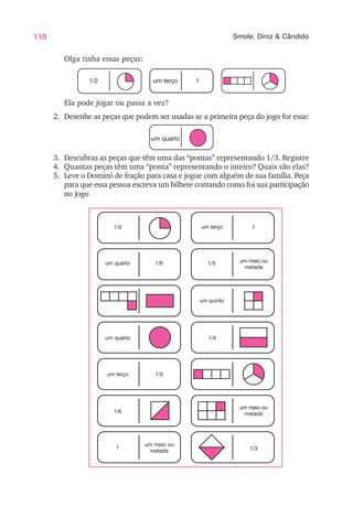 110 Smole, Diniz & Cândido
Olga tinha essas peças:
Ela pode jogar ou passa a vez?
2. Desenhe as peças que podem ser usadas se a primeira peça do jogo for essa:
1/2
um quarto
um terço 1
um quarto 1/6 1/5 um meio ou
metade
um quinto
1/4
um terço 1/5
1/6
um meio ou
metade
1 um meio ou
metade 1/3
1/2 um terço 1
um quarto
3. Descubras as peças que têm uma das “pontas” representando 1/3. Registre
4. Quantas peças têm uma “ponta” representando o inteiro? Quais são elas?
5. Leve o Dominó de fração para casa e jogue com alguém de sua família. Peça
para que essa pessoa escreva um bilhete contando como foi sua participação
no jogo
 