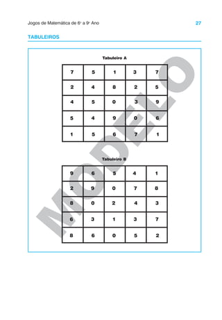 27
Jogos de Matemática de 6o
a 9o
Ano
M
O
D
E
L
O
TABULEIROS
9
2
8
6
8
6
9
0
3
6
5
0
2
1
0
4
7
4
3
5
1
8
3
7
2
Tabuleiro B
7
2
4
5
1
5
4
5
4
5
1
8
0
9
6
3
2
3
0
7
7
5
9
6
1
Tabuleiro A
 
