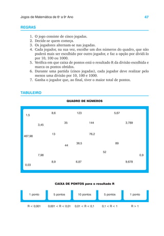 47
Jogos de Matemática de 6o
a 9o
Ano
REGRAS
1. O jogo consiste de cinco jogadas.
2. Decide-se quem começa.
3. Os jogadores alternam-se nas jogadas.
4. Cada jogador, na sua vez, escolhe um dos números do quadro, que não
poderá mais ser escolhido por outro jogador, e faz a opção por dividi-lo
por 10, 100 ou 1000.
5. Verifica em que caixa de pontos está o resultado R da divisão escolhida e
marca os pontos obtidos.
6. Durante uma partida (cinco jogadas), cada jogador deve realizar pelo
menos uma divisão por 10, 100 e 1000.
7. Ganha o jogador que, ao final, tiver o maior total de pontos.
TABULEIRO
QUADRO DE NÚMEROS
1,5
8,6 123 5,67
3,45
35 144 3,789
467,98
13 76,2
44
38,5 89
7,98
52
0,9
0,03
8,9 6,87 9,678
CAIXA DE PONTOS para o resultado R
1 ponto 5 pontos 10 pontos 5 pontos 1 ponto
R < 0,001 0,001 < R < 0,01 0,01 < R < 0,1 0,1 < R < 1 R > 1
 