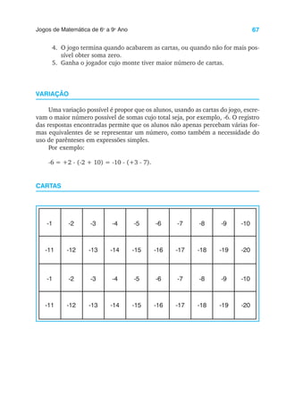 67
Jogos de Matemática de 6o
a 9o
Ano
4. O jogo termina quando acabarem as cartas, ou quando não for mais pos-
sível obter soma zero.
5. Ganha o jogador cujo monte tiver maior número de cartas.
VARIAÇÃO
Uma variação possível é propor que os alunos, usando as cartas do jogo, escre-
vam o maior número possível de somas cujo total seja, por exemplo, -6. O registro
das respostas encontradas permite que os alunos não apenas percebam várias for-
mas equivalentes de se representar um número, como também a necessidade do
uso de parênteses em expressões simples.
Por exemplo:
-6 = +2 - (-2 + 10) = -10 - (+3 - 7).
CARTAS
-1 -2 -3 -4 -5 -6 -7 -8 -9 -10
-11 -12 -13 -14 -15 -16 -17 -18 -19 -20
-1 -2 -3 -4 -5 -6 -7 -8 -9 -10
-11 -12 -13 -14 -15 -16 -17 -18 -19 -20
 