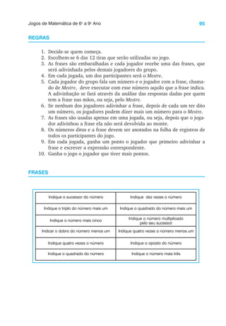 95
Jogos de Matemática de 6o
a 9o
Ano
REGRAS
1. Decide-se quem começa.
2. Escolhem-se 6 das 12 tiras que serão utilizadas no jogo.
3. As frases são embaralhadas e cada jogador recebe uma das frases, que
será adivinhada pelos demais jogadores do grupo.
4. Em cada jogada, um dos participantes será o Mestre.
5. Cada jogador do grupo fala um número e o jogador com a frase, chama-
do de Mestre, deve executar com esse número aquilo que a frase indica.
A adivinhação se fará através da análise das respostas dadas por quem
tem a frase nas mãos, ou seja, pelo Mestre.
6. Se nenhum dos jogadores adivinhar a frase, depois de cada um ter dito
um número, os jogadores podem dizer mais um número para o Mestre.
7. As frases são usadas apenas em uma jogada, ou seja, depois que o joga-
dor adivinhou a frase ela não será devolvida ao monte.
8. Os números ditos e a frase devem ser anotados na folha de registros de
todos os participantes do jogo.
9. Em cada jogada, ganha um ponto o jogador que primeiro adivinhar a
frase e escrever a expressão correspondente.
10. Ganha o jogo o jogador que tiver mais pontos.
FRASES
Indique o sucessor do número Indique dez vezes o número
Indique o triplo do número mais um Indique o quadrado do número mais um
Indique o número mais cinco Indique o número multiplicado
pelo seu sucessor
Indicar o dobro do número menos um Indique quatro vezes o número menos um
Indique quatro vezes o número Indique o oposto do número
Indique o quadrado do número Indique o número mais três
 