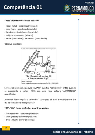 10
Técnico em Segurança do Trabalho
“NESS”: forma substantivos abstratos
- happy (feliz) - happiness (felicidade)
- good (bom) - goodness (bondade)
- dark (escuro) - darkness (escuridão)
- sad (triste) - sadness (tristeza)
- aware (consciente) - awareness (consciência)
Observe o cartoon:
Figura 3-Afixos 2
Fonte: www.aboutsafety.com/article.cfm?id=1159 (2015)
Se você já sabe que a palavra “AWARE” significa “consciente”, então quando
se acrescenta o sufixo –NESS cria uma nova palavra “AWARENESS”
(consiência).
A melhor tradução para o cartoon é: “Eu esqueci de dizer a você que este é o
dia da consciência de segurança?”
“OR”, “ER”: forma profissões a partir de verbos.
- teach (ensinar) - teacher (professor)
- swim (nadar) - swimmer (nadador)
- drive (dirigir) - driver (motorista)
Competência 01
 