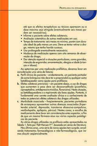 23
até que os efeitos terapêuticos ou tóxicos apareçam ou a
dose máxima seja atingida (eventualmente seis meses po-
dem ser necessários);
• Informe o paciente sobre efeitos colaterais;
• Avaliação sistemática de outras medicações em uso;
• Tempo de tratamento: seis meses no mínimo, porém com dura-
ção ideal de pelo menos um ano. Deve-se tentar retirar a dro-
ga, mesmo que tenha havido sucesso;
• Uso prolongado eventualmente necessário;
• Mudança de medicação apenas com oito semanas de obser-
vação da droga;
• Dar atenção especial a situações particulares, como gravidez,
intenção de engravidar, amamentação, alergias e idade (crian-
ças e idosos).
Ao optarmos por uma medicação profilática, devemos levar em
consideração uma série de fatores:
a. Perfil clínico do paciente – evidentemente, um paciente portador
de asma brônquica não deve ter o propranolol ou qualquer outro
betabloqueador como opção para profilaxia;
b. Efeitos colaterais previsíveis – em paciente obeso, o uso de drogas
que aumentem o peso deve ser desaconselhado (pizotifeno,
ciproeptadina, antidepressivo tricíclico, flunarizina). Nesta situação,
os betabloqueadores e o topiramato são boas opções. Portanto, é
fundamental uma correta avaliação clínica e o conhecimento de
todos os potenciais efeitos colaterais das drogas utilizadas;
c. Morbidade associada – freqüentemente, pacientes portadores
de enxaqueca apresentam outras doenças associadas (hiper-
tensão arterial, depressão, transtorno obsessivo-compulsivo,
vestibulopatia, epilepsia, pânico). Nestes casos, a escolha do
medicamento deve levar em consideração estes aspectos, a fim
de que um mesmo fármaco atue nos vários aspectos patológi-
cos do paciente.
As várias drogas utilizadas na profilaxia estão apresentadas na
Tabela 1, feita por Tfelt-Hansen P.37
, baseada em séries da literatura.
Nos últimos anos, uma série de novas opções tem surgido, envol-
vendo tratamentos farmacológicos e não-farmacológicos, que ire-
mos discutir seqüencialmente.
PROFILAXIA DA ENXAQUECA
 