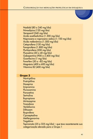41
Nadolol (80 a 240 mg/dia)
Nimodipina (120 mg/dia)
Verapamil (240 mg/dia)
Ácido acetilsalicílico (1.300 mg/dia)
Naproxeno e naproxeno sódico (1.100 mg/dia)
Ácido mefenâmico (1.500 mg/dia)
Cetoprofeno (150 mg/dia)
Fenoprofeno (1.800 mg/dia)
Flurbiprofeno (200 mg/dia)
Fluoxetina (20 a 40 mg/dia)
Gabapentina (900 a 2.400 mg/dia)
Guanfacina (1 mg/dia)
Feverfew (50 a ~82 mg/dia)
Magnésio (400 a 600 mg/dia)
Vitamina B2 (400 mg/dia)
Grupo 3
Nortriptilina
Protriptilina
Doxepina
Imipramina
Fluvoxamina
Paroxetina
Sertralina
Bupropiona
Mirtazapina
Trazodona
Venlafaxina
Diltiazem
Ibuprofeno
Ciproeptadina
Metilergonovina
Tiagabina
Topiramato (25 a 325 mg/dia) – que teve recentemente sua
categorização elevada para o Grupo 1
CATEGORIZAÇÃO DAS MEDICAÇÕES PROFILÁTICAS EM ENXAQUECA
 
