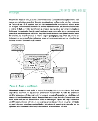 Cadernos HumanizaSUS
Intervenção


Na primeira etapa do curso, os alunos utilizavam o espaço Curso de Especialização somente para
acesso aos materiais, enquanto a discussão e produção de conhecimento ocorriam no espaço
de Tutoria de sua UP. A proposta aqui era justamente estimular a discussão na própria região
de atuação, comporem conjuntamente as análises de cenário locais, estudarem os movimentos
e história do SUS na região, identificarem os impasses e perspectivas para implementação da
Política de Humanização, foco do curso. Inicialmente vivenciado pelos alunos como espaços de
publicação e comunicação tutor-aluno, a figura 3 mostra essa estrutura aparentemente rígida.
No entanto, na medida em que os tutores e apoio pedagógico propunham atividades que
instigavam os alunos a refletirem sobre suas ações, as interações começaram a se intensificar e a
figura 4 mostra a complexificação da rede.




Figura 4 - A rede se constituindo

Na segunda etapa do curso, todos os alunos, já mais apropriados dos aportes da PNH e seus
dispositivos, optavam por aqueles que pretendiam implementar. A partir das análises de
cenários locais, desenvolvidas no primeiro bimestre do curso, as UPs debatiam as estratégias mais
adequadas a cada realidade e, a partir dessas análises, propunham algum(uns) dispositivo(s) para
focar, aprofundar estudos e dar início ao plano de intervenção. A partir daí surgiu a demanda
das UPs se comunicarem entre si, pois nos encontros presenciais as rodas de conversa e atividades
comuns indicavam que algumas dificuldades e estratégias de superação encontradas por um
apoiador em sua unidade de saúde poderia oferecer muitos subsídios a outros.
                                                                                                    227
 