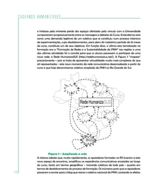 Cadernos HumanizaSUS

          e tristezas pela iminente perda dos espaços ofertados pelo vinculo com a Universidade
          compareciam progressivamente entre as mensagens e debates do Curso. Entendemos esta
          como uma demanda legitima de um coletivo que se constituiu num processo intensivo
          de experimentações, cujos desdobramentos, para alem do meteórico período de 10 meses
          de curso, constituía um de seus objetivos. Em função disso, o ultimo eixo tematizado na
          formação era a “Formação de Redes e a Sustentabilidade da PNH” nas regiões e uma
          das ultimas atividades foi o convite para que os alunos passassem a participar de uma
          nova rede: a Rede HumanizaSUS (http://redehumanizasus.net/). A Figura 7 “mapeia”
          precariamente – pois se trata de apresentar virtualidades muito mais complexas do que
          ali representadas - este novo momento da rede comunicativa desencadeada a partir do
          curso e que hoje denominamos coletivo ampliado da PNH no Rio Grande do Sul.




                    Figura 7 - Ampliando a rede
          A intensa adesão que, muito rapidamente, os apoiadores formados no RS tiveram a este
          novo espaço de encontros, amplificou as experiências comunicativas ensaiadas ao longo
          do curso, tanto em termos geográficos – incluindo coletivos de todo país - quanto em
          termos de desdobramentos do processo de formação. Os inúmeros posts que os apoiadores
230       passaram a enviar para o blog que reúne o coletivo nacional da PNH, contando os efeitos
 