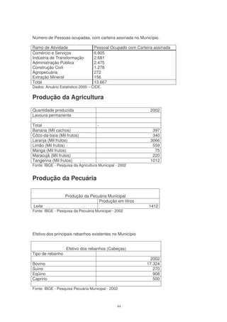 Número de Pessoas ocupadas, com carteira assinada no Município.

Ramo de Atividade                  Pessoal Ocupado com Carteira assinada
Comércio e Serviços                6.805
Indústria de Transformação         2.681
Administração Pública              2.475
Construção Civil                   1.278
Agropecuária                       272
Extração Mineral                   156
Total                              13.667
Dados: Anuário Estatístico 2000 – CIDE.

Produção da Agricultura

Quantidade produzida                                          2002
Lavoura permanente

Total                                -
Banana (Mil cachos)                                            397
Côco-da-baía (Mil frutos)                                      340
Laranja (Mil frutos)                                          3066
Limão (Mil frutos)                                             559
Manga (Mil frutos)                                              75
Maracujá (Mil frutos)                                          220
Tangerina (Mil frutos)                                        1012
Fonte: IBGE - Pesquisa da Agricultura Municipal - 2002


Produção da Pecuária

                  Produção da Pecuária Municipal
                                  Produção em litros
Leite                                                        1412
Fonte: IBGE - Pesquisa da Pecuária Municipal - 2002




Efetivo dos principais rebanhos existentes no Município


                   Efetivo dos rebanhos (Cabeças)
Tipo de rebanho
                                                              2002
Bovino                                                      17.324
Suino                                                          270
Eqüino                                                         908
Caprino                                                        500

Fonte: IBGE - Pesquisa Pecuária Municipal - 2002



                                                44
 
