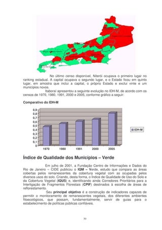 No último censo disponível, Niterói ocupava o primeiro lugar no
ranking estadual. A capital ocupava o segundo lugar, e o Estado ficou em quinto
lugar, em amostra que inclui a capital, o próprio Estado e exclui vinte e um
municípios novos.
              Itaboraí apresentou a seguinte evolução no IDH-M, de acordo com os
censos de 1970, 1980, 1991, 2000 e 2005, conforme gráfico a seguir:

Comparativo do IDH-M

      0,9
      0,8
      0,7
      0,6
      0,5
      0,4                                                                 IDH-M
      0,3
      0,2
      0,1
        0
             1970       1980       1991        2000      2005


Índice de Qualidade dos Municípios – Verde
               Em julho de 2001, a Fundação Centro de Informações e Dados do
Rio de Janeiro – CIDE publicou o IQM – Verde, estudo que compara as áreas
cobertas pelos remanescentes da cobertura vegetal com as ocupadas pelos
diversos usos do solo. Criando, desta forma, o Índice de Qualidade de Uso do Solo e
da Cobertura Vegetal (IQUS) e, identificando ainda Corredores Prioritários para a
Interligação de Fragmentos Florestais (CPIF) destinados à escolha de áreas de
reflorestamento.
                Seu principal objetivo é a construção de indicadores capazes de
permitir o monitoramento de remanescentes vegetais, dos diferentes ambientes
fitoecológicos, que possam, fundamentalmente, servir de guias para o
estabelecimento de políticas públicas confiáveis.



                                          50
 