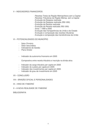 V – INDICADORES FINANCEIROS

                        - Receitas Totais da Região Metropolitana sem a Capital
                        - Receitas Tributárias da Região Metrop. sem a Capital
                        - Evolução da Despesa realizada
                        - Evolução da Despesa realizada (R$1.000)
                        - Evolução da Receita realizada
                        - Evolução da Receita realizada (R$1.000)
                        - Anos – 1999 a 2005
                        - Evolução das transparências da União e do Estado
                        - Evolução e composição das receitas tributárias
                        - Evolução e composição das transferências da União

VI – POTENCIALIDADES DO MUNICÍPIO

     -   Setor Primário
     -   Setor Secundário
     -   Indicadores de Gestão
     -   Plano Diretor


     -   Indicador da autonomia financeira em 2005

         Comparativo entre receita tributária e inscrição na dívida ativa

     -   Indicador da carga tributária per capita em 2005
     -   Indicador do custeio per capita em 2005
     -   Indicador dos investimentos per capita em 2005
     -   Indicador do grau de investimento em 2005

VII – CONCLUSÃO

VIII – BRASÃO OFICIAL E PERSONALIDADES

IX – HINO DE ITABORAÍ

X – A NOVA REALIDADE DE ITABORAÍ

BIBLIOGRAFIA




                                          6
 