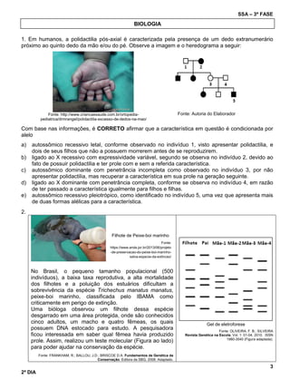 SSA – 3ª FASE
3
2º DIA
1. Em humanos, a polidactilia pós-axial é caracterizada pela presença de um dedo extranumerário
próximo ao quinto dedo da mão e/ou do pé. Observe a imagem e o heredograma a seguir:
Fonte: http://www.criancaesaude.com.br/ortopedia-
pediatrica/drmrangel/polidactilia-excesso-de-dedos-na-mao/
Fonte: Autoria do Elaborador
Com base nas informações, é CORRETO afirmar que a característica em questão é condicionada por
alelo
a) autossômico recessivo letal, conforme observado no indivíduo 1, visto apresentar polidactilia, e
dois de seus filhos que não a possuem morrerem antes de se reproduzirem.
b) ligado ao X recessivo com expressividade variável, segundo se observa no indivíduo 2, devido ao
fato de possuir polidactilia e ter prole com e sem a referida característica.
c) autossômico dominante com penetrância incompleta como observado no indivíduo 3, por não
apresentar polidactilia, mas recuperar a característica em sua prole na geração seguinte.
d) ligado ao X dominante com penetrância completa, conforme se observa no indivíduo 4, em razão
de ter passado a característica igualmente para filhos e filhas.
e) autossômico recessivo pleiotrópico, como identificado no indivíduo 5, uma vez que apresenta mais
de duas formas alélicas para a característica.
2.
No Brasil, o pequeno tamanho populacional (500
indivíduos), a baixa taxa reprodutiva, a alta mortalidade
dos filhotes e a poluição dos estuários dificultam a
sobrevivência da espécie Trichechus manatus manatus,
peixe-boi marinho, classificada pelo IBAMA como
criticamente em perigo de extinção.
Uma bióloga observou um filhote dessa espécie
desgarrado em uma área protegida, onde são conhecidos
cinco adultos, um macho e quatro fêmeas, os quais
possuem DNA estocado para estudo. A pesquisadora
ficou interessada em saber qual fêmea havia produzido
prole. Assim, realizou um teste molecular (Figura ao lado)
para poder ajudar na conservação da espécie.
Fonte: FRANKHAM, R.; BALLOU, J.D.; BRISCOE D.A. Fundamentos de Genética da
Conservação. Editora da SBG, 2008. Adaptado.
Gel de eletroforese
Fonte: OLIVEIRA, F. B.; SILVEIRA
Revista Genética na Escola, Vol. 1: 01-04, 2010. ISSN
1980-3540 (Figura adaptada).
BIOLOGIA
Filhote de Peixe-boi marinho
Fonte:
https://www.anda.jor.br/2013/06/projeto
-de-preservacao-do-peixe-boi-marinho-
salva-especie-da-extincao/
 