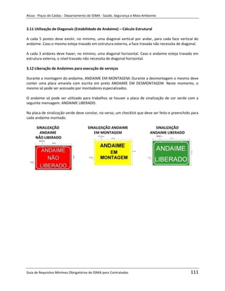 Alcoa - Poços de Caldas - Departamento de SSMA - Saúde, Segurança e Meio Ambiente


3.11 Utilização de Diagonais (Estabilidade de Andaime) – Cálculo Estrutural

A cada 5 postes deve existir, no mínimo, uma diagonal vertical por andar, para cada face vertical do
andaime. Caso o mesmo esteja travado em estrutura externa, a face travada não necessita de diagonal.

A cada 3 andares deve haver, no mínimo, uma diagonal horizontal. Caso o andaime esteja travado em
estrutura externa, o nível travado não necessita de diagonal horizontal.

3.12 Liberação de Andaimes para execução de serviços

Durante a montagem do andaime, ANDAIME EM MONTAGEM; Durante a desmontagem o mesmo deve
conter uma placa amarela com escrita em preto ANDAIME EM DESMONTAGEM. Neste momento, o
mesmo só pode ser acessado por montadores especializados.

O andaime só pode ser utilizado para trabalhos se houver a placa de sinalização de cor verde com a
seguinte mensagem: ANDAIME LIBERADO.

Na placa de sinalização verde deve constar, no verso, um checklist que deve ser feito e preenchido para
cada andaime montado.

     SINALIZAÇÃO                      SINALIZAÇÃO ANDAIME                      SINALIZAÇÃO
       ANDAIME                           EM MONTAGEM                         ANDAIME LIBERADO
     NÃO LIBERADO




                                                                   m




Guia de Requisitos Mínimos Obrigatórios de SSMA para Contratadas                                  111
 