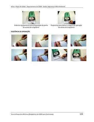 Alcoa - Poços de Caldas - Departamento de SSMA - Saúde, Segurança e Meio Ambiente




    Visão do equipamento para preparação da ponta          Dispositivo para definir o ângulo de operação
                da vareta de tungstênio                               da vareta de tungstênio

SEQÜÊNCIA DE OPERAÇÃO




                                                                   m




Guia de Requisitos Mínimos Obrigatórios de SSMA para Contratadas                                    124
 