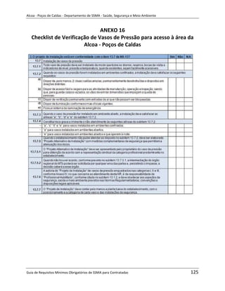 Alcoa - Poços de Caldas - Departamento de SSMA - Saúde, Segurança e Meio Ambiente



                                ANEXO 16
   Checklist de Verificação de Vasos de Pressão para acesso à área da
                         Alcoa - Poços de Caldas




                                                                   m




Guia de Requisitos Mínimos Obrigatórios de SSMA para Contratadas                    125
 