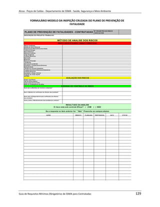 Alcoa - Poços de Caldas - Departamento de SSMA - Saúde, Segurança e Meio Ambiente


               FORMULÁRIO MODELO DA INSPEÇÃO CRUZADA DO PLANO DE PREVENÇÃO DE
                                         FATALIDADE

                                                                                                            Nº REGISTRO DO RISCO
     PLANO DE PREVENÇÃO DE FATALIDADES - CONTRATADAS                                                        EHS ALCOA
    DESCRIÇÃO DO PROJETO/ TRABALHO:


                                                                  M ÉTODO DE ANALISE DOS RISCOS
                                                                   RISCO IDENT IFICADO/ CARACT ERÍSIT ICAS
    Espa ço Confina do
    Que da s de Nive l Dife re nte
    Equipa m e ntos Móve is/Ve ículos Indust.
    Fonte s de Ene rgia
    Riscos Ele tricos
    Riscos de Incê ndio
    Ca rga Suspe nsa
    Produtos Quím icos
    Esca va çã o
    Má quina s
    Riscos do Proce sso
    Tra nsbordo
    Ate rra m e nto a cide nta l
    Ex posiçã o a Te m pe ra tura s Ex tre m a s
    Ra dioa tivida de
    Trâ nsito de ve ículos Industria is
    Pre ssõe s Anorm a is Infla m á ve is Ex plosivos
    Produtos Quím icos
    Ex posiçã o a Ga se s tóx icos
    Proje çã o de m e ta l líquido
    OUTROS
                                                                           AVALIAÇÃO DOS RISCOS
    Orige m dos Riscos
    Tipo de fa lha possíve l
    Ca usa pote ncia l da Fa lha
    Efe ito ou Conse quê ncia da fa lha
                                                                       M EDIDAS DE CONT ROLE DO RISCO
    Qua is sã o a s Me dida s de Controle e x iste nte s?


    Qua l o Mé todo de ve rifica çã o da e ficá cia da s m e dida s?


    Que m sã o os Re sponsá ve is pe la ve rifica çã o da e ficá cia
    da s m e dida s?
    Com o é fe ito o Monitora m e nto da s m e dida s de controle ?


                                                                          RESULT ADO DA ANALISE
                                                            O risco esta sob controle Eficaz? ( ) SIM       ( ) NÃO

                                            Se a resposta no item anterior for " Não" Preenche os campos abaixo

                                             AÇÕES                                  IMEDIATA   PLANEJADA     RESPONSÁVEL     DATA   STATUS




                                                                                                        m




Guia de Requisitos Mínimos Obrigatórios de SSMA para Contratadas                                                                             129
 