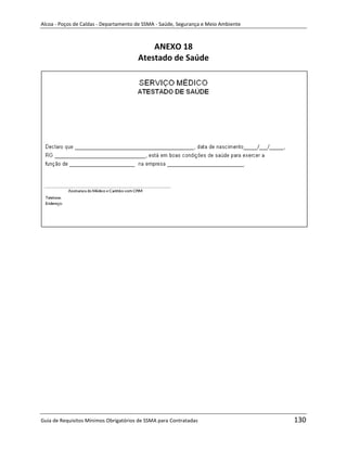 Alcoa - Poços de Caldas - Departamento de SSMA - Saúde, Segurança e Meio Ambiente



                                           ANEXO 18
                                       Atestado de Saúde




                                                                   m




Guia de Requisitos Mínimos Obrigatórios de SSMA para Contratadas                    130
 