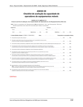 Alcoa - Poços de Caldas - Departamento de SSMA - Saúde, Segurança e Meio Ambiente



                                      ANEXO 20
                       Checklist de avaliação da capacidade de
                        operadores de equipamentos móveis




                                                                   m




CONTINUA




Guia de Requisitos Mínimos Obrigatórios de SSMA para Contratadas                    132
 