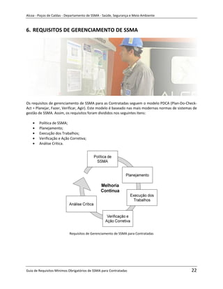 Alcoa - Poços de Caldas - Departamento de SSMA - Saúde, Segurança e Meio Ambiente



6. REQUISITOS DE GERENCIAMENTO DE SSMA




Os requisitos de gerenciamento de SSMA para as Contratadas seguem o modelo PDCA (Plan-Do-Check-
Act = Planejar, Fazer, Verificar, Agir). Este modelo é baseado nas mais modernas normas de sistemas de
gestão de SSMA. Assim, os requisitos foram divididos nos seguintes itens:

        Política de SSMA;
        Planejamento;
        Execução dos Trabalhos;
        Verificação e Ação Corretiva;
        Análise Crítica.




                                                                   m




                           Requisitos de Gerenciamento de SSMA para Contratadas




Guia de Requisitos Mínimos Obrigatórios de SSMA para Contratadas                                  22
 