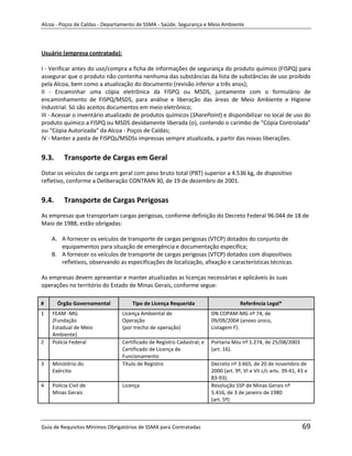 Alcoa - Poços de Caldas - Departamento de SSMA - Saúde, Segurança e Meio Ambiente




Usuário (empresa contratada):

I - Verificar antes do uso/compra a ficha de informações de segurança do produto químico (FISPQ) para
assegurar que o produto não contenha nenhuma das substâncias da lista de substâncias de uso proibido
pela Alcoa, bem como a atualização do documento (revisão inferior a três anos);
II - Encaminhar uma cópia eletrônica da FISPQ ou MSDS, juntamente com o formulário de
encaminhamento de FISPQ/MSDS, para análise e liberação das áreas de Meio Ambiente e Higiene
Industrial. Só são aceitos documentos em meio eletrônico;
III - Acessar o inventário atualizado de produtos químicos (SharePoint) e disponibilizar no local de uso do
produto químico a FISPQ ou MSDS devidamente liberada (o), contendo o carimbo de “Cópia Controlada”
ou “Cópia Autorizada” da Alcoa - Poços de Caldas;
IV - Manter a pasta de FISPQs/MSDSs impressas sempre atualizada, a partir das novas liberações.


9.3.     Transporte de Cargas em Geral
Dotar os veículos de carga em geral com peso bruto total (PBT) superior a 4.536 kg, de dispositivo
refletivo, conforme a Deliberação CONTRAN 30, de 19 de dezembro de 2001.


9.4.     Transporte de Cargas Perigosas
As empresas que transportam cargas perigosas, conforme definição do Decreto Federal 96.044 de 18 de
Maio de 1988, estão obrigadas:

    A. A fornecer os veículos de transporte de cargas perigosas (VTCP) dotados do conjunto de
       equipamentos para situação de emergência e documentação específica;
    B. A fornecer os veículos de transporte de cargas perigosas (VTCP) dotados com dispositivos
       refletivos, observando as especificações de localização, afixação e características técnicas.

As empresas devem apresentar e manter atualizadas as licenças necessárias e aplicáveis às suas
operações no território do Estado de Minas Gerais, conforme segue:
                                                                   m

#      Órgão Governamental           Tipo de Licença Requerida                      Referência Legal*
1   FEAM -MG                     Licença Ambiental de                  DN COPAM-MG nº 74, de
    (Fundação                    Operação                              09/09/2004 (anexo único,
    Estadual de Meio             (por trecho de operação)              Listagem F).
    Ambiente)
2   Polícia Federal          a) Certificado de Registro Cadastral; e   Portaria MJu nº 1.274, de 25/08/2003
                             b) Certificado de Licença de              (art. 16).
                                Funcionamento
3   Ministério do               Título de Registro                     Decreto nº 3.665, de 20 de novembro de
    Exército                                                           2000 (art. 9º, VI e VII c/c arts. 39-41, 43 e
                                                                       83-93).
4   Polícia Civil de             Licença                               Resolução SSP de Minas Gerais nº
    Minas Gerais                                                       5.416, de 3 de janeiro de 1980
                                                                       (art. 5º)



Guia de Requisitos Mínimos Obrigatórios de SSMA para Contratadas                                                 69
 