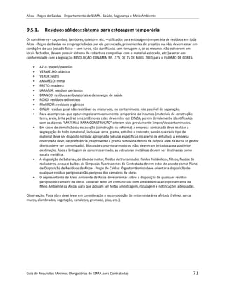 Alcoa - Poços de Caldas - Departamento de SSMA - Saúde, Segurança e Meio Ambiente


9.5.1.      Resíduos sólidos: sistema para estocagem temporária
Os contêineres – caçambas, tambores, coletores etc. – utilizados para estocagem temporária de resíduos em toda
Alcoa - Poços de Caldas ou em propriedades por ela gerenciada, provenientes de projetos ou não, devem estar em
condições de uso (estado físico – sem furos, não danificada, sem ferrugem e, se os mesmos não estiverem em
locais fechados, devem possuir sistema de cobertura compatível com o material estocado, etc.) e estar em
conformidade com a legislação RESOLUÇÃO CONAMA Nº. 275, DE 25 DE ABRIL 2001 para o PADRÃO DE CORES.

         AZUL: papel / papelão
         VERMELHO: plástico
         VERDE: vidro
         AMARELO: metal
         PRETO: madeira
         LARANJA: resíduos perigosos
         BRANCO: resíduos ambulatoriais e de serviços de saúde
         ROXO: resíduos radioativos
         MARROM: resíduos orgânicos
         CINZA: resíduo geral não-reciclável ou misturado, ou contaminado, não passível de separação.
         Para as empresas que optarem pelo armazenamento temporário de insumos (materiais de construção:
         terra, areia, brita pedra) em contêineres estes devem ter cor CINZA, porém devidamente identificados
         com os dizeres “MATERIAL PARA CONSTRUÇÃO” e terem sido previamente limpos/descontaminados.
         Em casos de demolição ou escavação (construção ou reforma) a empresa contratada deve realizar a
         segregação de todo o material, inclusive terra, grama, entulho e concreto, sendo que cada tipo de
         material deve ser disposto no local apropriado (células específicas no aterro de entulho). A empresa
         contratada deve, de preferência, reaproveitar a grama removida dentro da própria área da Alcoa (o gestor
         técnico deve ser comunicado). Blocos de concreto armado ou não, devem ser britados para posterior
         destinação. Após a britagem de concreto armado, as estruturas metálicas devem ser destinadas como
         sucata metálica.
         A disposição de baterias, de óleo de motor, fluidos de transmissão, fluidos hidráulicos, filtros, fluidos de
         radiadores, pneus e bulbos de lâmpadas fluorescentes da Contratada devem estar de acordo com o Plano
         de Disposição de Resíduos da Alcoa - Poços de Caldas. O gestor técnico deve orientar a disposição de
         qualquer resíduo perigoso e não-perigoso dos canteiros de obras.
         O representante de Meio Ambiente da Alcoa deve orientar sobre a disposição de qualquer resíduo
         perigoso do canteiro de obras. Deve ser feito um comunicado com antecedência ao representante de
                                                                     m
         Meio Ambiente da Alcoa, para que possam ser feitas amostragem, rotulagem e notificações adequadas.

Observação: Toda obra deve levar em consideração a recomposição do entorno da área afetada (relevo, cerca,
muros, alambrados, vegetação, canaletas, gramado, piso, etc.).




Guia de Requisitos Mínimos Obrigatórios de SSMA para Contratadas                                                 71
 