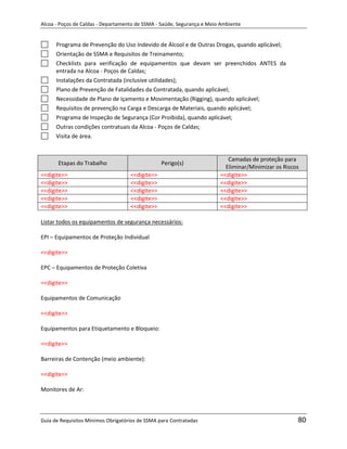 Alcoa - Poços de Caldas - Departamento de SSMA - Saúde, Segurança e Meio Ambiente


      Programa de Prevenção do Uso Indevido de Álcool e de Outras Drogas, quando aplicável;
      Orientação de SSMA e Requisitos de Treinamento;
      Checklists para verificação de equipamentos que devam ser preenchidos ANTES da
      entrada na Alcoa - Poços de Caldas;
      Instalações da Contratada (inclusive utilidades);
      Plano de Prevenção de Fatalidades da Contratada, quando aplicável;
      Necessidade de Plano de Içamento e Movimentação (Rigging), quando aplicável;
      Requisitos de prevenção na Carga e Descarga de Materiais, quando aplicável;
      Programa de Inspeção de Segurança (Cor Proibida), quando aplicável;
      Outras condições contratuais da Alcoa - Poços de Caldas;
      Visita de área.


                                                                           Camadas de proteção para
       Etapas do Trabalho                        Perigo(s)
                                                                          Eliminar/Minimizar os Riscos
<<digite>>                          <<digite>>                          <<digite>>
<<digite>>                          <<digite>>                          <<digite>>
<<digite>>                          <<digite>>                          <<digite>>
<<digite>>                          <<digite>>                          <<digite>>
<<digite>>                          <<digite>>                          <<digite>>

Listar todos os equipamentos de segurança necessários:

EPI – Equipamentos de Proteção Individual

<<digite>>

EPC – Equipamentos de Proteção Coletiva

<<digite>>                                                         m

Equipamentos de Comunicação

<<digite>>

Equipamentos para Etiquetamento e Bloqueio:

<<digite>>

Barreiras de Contenção (meio ambiente):

<<digite>>

Monitores de Ar:



Guia de Requisitos Mínimos Obrigatórios de SSMA para Contratadas                                     80
 