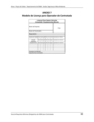 Alcoa - Poços de Caldas - Departamento de SSMA - Saúde, Segurança e Meio Ambiente



                                   ANEXO 7
                Modelo de Licença para Operador de Contratada




                                                                   m




Guia de Requisitos Mínimos Obrigatórios de SSMA para Contratadas                    88
 