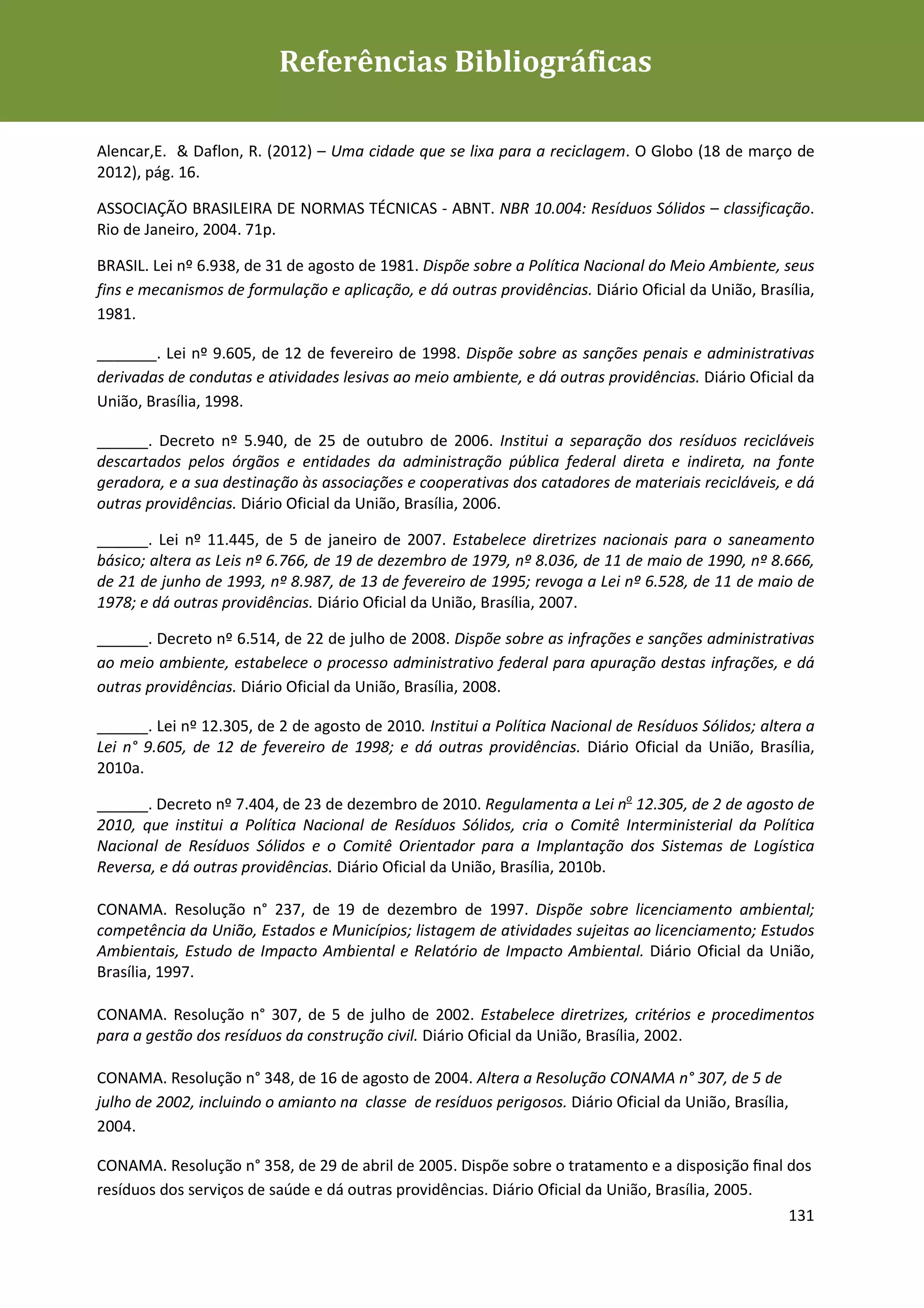 Referências Bibliográficas
Plano de Gestão de Resíduos Sólidos da Rio+20



Alencar,E. & Daflon, R. (2012) – Uma cidade que se lixa para a reciclagem. O Globo (18 de março de
2012), pág. 16.

ASSOCIAÇÃO BRASILEIRA DE NORMAS TÉCNICAS - ABNT. NBR 10.004: Resíduos Sólidos – classificação.
Rio de Janeiro, 2004. 71p.

BRASIL. Lei nº 6.938, de 31 de agosto de 1981. Dispõe sobre a Política Nacional do Meio Ambiente, seus
fins e mecanismos de formulação e aplicação, e dá outras providências. Diário Oficial da União, Brasília,
1981.

_______. Lei nº 9.605, de 12 de fevereiro de 1998. Dispõe sobre as sanções penais e administrativas
derivadas de condutas e atividades lesivas ao meio ambiente, e dá outras providências. Diário Oficial da
União, Brasília, 1998.

______. Decreto nº 5.940, de 25 de outubro de 2006. Institui a separação dos resíduos recicláveis
descartados pelos órgãos e entidades da administração pública federal direta e indireta, na fonte
geradora, e a sua destinação às associações e cooperativas dos catadores de materiais recicláveis, e dá
outras providências. Diário Oficial da União, Brasília, 2006.

______. Lei nº 11.445, de 5 de janeiro de 2007. Estabelece diretrizes nacionais para o saneamento
básico; altera as Leis nº 6.766, de 19 de dezembro de 1979, nº 8.036, de 11 de maio de 1990, nº 8.666,
de 21 de junho de 1993, nº 8.987, de 13 de fevereiro de 1995; revoga a Lei nº 6.528, de 11 de maio de
1978; e dá outras providências. Diário Oficial da União, Brasília, 2007.

______. Decreto nº 6.514, de 22 de julho de 2008. Dispõe sobre as infrações e sanções administrativas
ao meio ambiente, estabelece o processo administrativo federal para apuração destas infrações, e dá
outras providências. Diário Oficial da União, Brasília, 2008.

______. Lei nº 12.305, de 2 de agosto de 2010. Institui a Política Nacional de Resíduos Sólidos; altera a
Lei n° 9.605, de 12 de fevereiro de 1998; e dá outras providências. Diário Oficial da União, Brasília,
2010a.

______. Decreto nº 7.404, de 23 de dezembro de 2010. Regulamenta a Lei no 12.305, de 2 de agosto de
2010, que institui a Política Nacional de Resíduos Sólidos, cria o Comitê Interministerial da Política
Nacional de Resíduos Sólidos e o Comitê Orientador para a Implantação dos Sistemas de Logística
Reversa, e dá outras providências. Diário Oficial da União, Brasília, 2010b.

CONAMA. Resolução n° 237, de 19 de dezembro de 1997. Dispõe sobre licenciamento ambiental;
competência da União, Estados e Municípios; listagem de atividades sujeitas ao licenciamento; Estudos
Ambientais, Estudo de Impacto Ambiental e Relatório de Impacto Ambiental. Diário Oficial da União,
Brasília, 1997.

CONAMA. Resolução n° 307, de 5 de julho de 2002. Estabelece diretrizes, critérios e procedimentos
para a gestão dos resíduos da construção civil. Diário Oficial da União, Brasília, 2002.

CONAMA. Resolução n° 348, de 16 de agosto de 2004. Altera a Resolução CONAMA n° 307, de 5 de
julho de 2002, incluindo o amianto na classe de resíduos perigosos. Diário Oficial da União, Brasília,
2004.

CONAMA. Resolução n° 358, de 29 de abril de 2005. Dispõe sobre o tratamento e a disposição ﬁnal dos
resíduos dos serviços de saúde e dá outras providências. Diário Oficial da União, Brasília, 2005.
                                                                                                     131
 