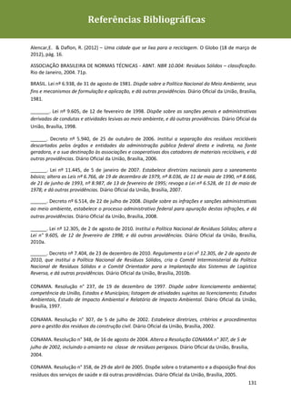 Referências Bibliográficas
Plano de Gestão de Resíduos Sólidos da Rio+20



Alencar,E. & Daflon, R. (2012) – Uma cidade que se lixa para a reciclagem. O Globo (18 de março de
2012), pág. 16.

ASSOCIAÇÃO BRASILEIRA DE NORMAS TÉCNICAS - ABNT. NBR 10.004: Resíduos Sólidos – classificação.
Rio de Janeiro, 2004. 71p.

BRASIL. Lei nº 6.938, de 31 de agosto de 1981. Dispõe sobre a Política Nacional do Meio Ambiente, seus
fins e mecanismos de formulação e aplicação, e dá outras providências. Diário Oficial da União, Brasília,
1981.

_______. Lei nº 9.605, de 12 de fevereiro de 1998. Dispõe sobre as sanções penais e administrativas
derivadas de condutas e atividades lesivas ao meio ambiente, e dá outras providências. Diário Oficial da
União, Brasília, 1998.

______. Decreto nº 5.940, de 25 de outubro de 2006. Institui a separação dos resíduos recicláveis
descartados pelos órgãos e entidades da administração pública federal direta e indireta, na fonte
geradora, e a sua destinação às associações e cooperativas dos catadores de materiais recicláveis, e dá
outras providências. Diário Oficial da União, Brasília, 2006.

______. Lei nº 11.445, de 5 de janeiro de 2007. Estabelece diretrizes nacionais para o saneamento
básico; altera as Leis nº 6.766, de 19 de dezembro de 1979, nº 8.036, de 11 de maio de 1990, nº 8.666,
de 21 de junho de 1993, nº 8.987, de 13 de fevereiro de 1995; revoga a Lei nº 6.528, de 11 de maio de
1978; e dá outras providências. Diário Oficial da União, Brasília, 2007.

______. Decreto nº 6.514, de 22 de julho de 2008. Dispõe sobre as infrações e sanções administrativas
ao meio ambiente, estabelece o processo administrativo federal para apuração destas infrações, e dá
outras providências. Diário Oficial da União, Brasília, 2008.

______. Lei nº 12.305, de 2 de agosto de 2010. Institui a Política Nacional de Resíduos Sólidos; altera a
Lei n° 9.605, de 12 de fevereiro de 1998; e dá outras providências. Diário Oficial da União, Brasília,
2010a.

______. Decreto nº 7.404, de 23 de dezembro de 2010. Regulamenta a Lei no 12.305, de 2 de agosto de
2010, que institui a Política Nacional de Resíduos Sólidos, cria o Comitê Interministerial da Política
Nacional de Resíduos Sólidos e o Comitê Orientador para a Implantação dos Sistemas de Logística
Reversa, e dá outras providências. Diário Oficial da União, Brasília, 2010b.

CONAMA. Resolução n° 237, de 19 de dezembro de 1997. Dispõe sobre licenciamento ambiental;
competência da União, Estados e Municípios; listagem de atividades sujeitas ao licenciamento; Estudos
Ambientais, Estudo de Impacto Ambiental e Relatório de Impacto Ambiental. Diário Oficial da União,
Brasília, 1997.

CONAMA. Resolução n° 307, de 5 de julho de 2002. Estabelece diretrizes, critérios e procedimentos
para a gestão dos resíduos da construção civil. Diário Oficial da União, Brasília, 2002.

CONAMA. Resolução n° 348, de 16 de agosto de 2004. Altera a Resolução CONAMA n° 307, de 5 de
julho de 2002, incluindo o amianto na classe de resíduos perigosos. Diário Oficial da União, Brasília,
2004.

CONAMA. Resolução n° 358, de 29 de abril de 2005. Dispõe sobre o tratamento e a disposição ﬁnal dos
resíduos dos serviços de saúde e dá outras providências. Diário Oficial da União, Brasília, 2005.
                                                                                                     131
 