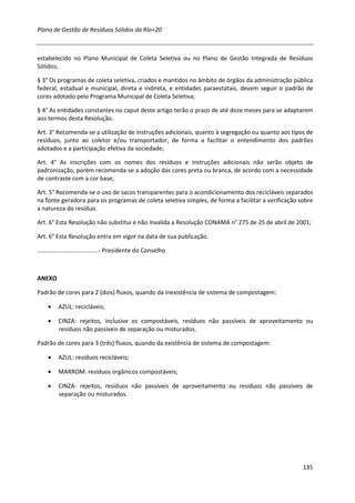 Plano de Gestão de Resíduos Sólidos da Rio+20



estabelecido no Plano Municipal de Coleta Seletiva ou no Plano de Gestão Integrada de Resíduos
Sólidos;

§ 3° Os programas de coleta seletiva, criados e mantidos no âmbito de órgãos da administração pública
federal, estadual e municipal, direta e indireta, e entidades paraestatais, devem seguir o padrão de
cores adotado pelo Programa Municipal de Coleta Seletiva;

§ 4° As entidades constantes no caput deste artigo terão o prazo de até doze meses para se adaptarem
aos termos desta Resolução.

Art. 3° Recomenda-se a utilização de instruções adicionais, quanto à segregação ou quanto aos tipos de
resíduos, junto ao coletor e/ou transportador, de forma a facilitar o entendimento dos padrões
adotados e a participação efetiva da sociedade;

Art. 4° As inscrições com os nomes dos resíduos e instruções adicionais não serão objeto de
padronização, porém recomenda-se a adoção das cores preta ou branca, de acordo com a necessidade
de contraste com a cor base;

Art. 5° Recomenda-se o uso de sacos transparentes para o acondicionamento dos recicláveis separados
na fonte geradora para os programas de coleta seletiva simples, de forma a facilitar a verificação sobre
a natureza do resíduo.

Art. 6° Esta Resolução não substitui e não invalida a Resolução CONAMA n° 275 de 25 de abril de 2001;

Art. 6° Esta Resolução entra em vigor na data de sua publicação.

.....................................- Presidente do Conselho



ANEXO

Padrão de cores para 2 (dois) fluxos, quando da inexistência de sistema de compostagem:

     •    AZUL: recicláveis;

     •    CINZA: rejeitos, inclusive os compostáveis, resíduos não passíveis de aproveitamento ou
          resíduos não passíveis de separação ou misturados.

Padrão de cores para 3 (três) fluxos, quando da existência de sistema de compostagem:

     •    AZUL: resíduos recicláveis;

     •    MARROM: resíduos orgânicos compostáveis;

     •    CINZA: rejeitos, resíduos não passíveis de aproveitamento ou resíduos não passíveis de
          separação ou misturados.




                                                                                                    135
 