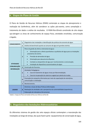 Plano de Gestão de Recursos Hídricos da Rio+20



4. Etapas do Plano de Gestão


O Plano de Gestão de Recursos Hídricos (PGRH) contempla as etapas de planejamento e
realização da Conferência, além de considerar as ações pós-evento, como compilação e
tratamento de dados e análise de resultados. O PGRH Rio+20 está constituído de oito etapas
que abragem as áreas de conhecimento de espaço fisico, atividades envolvidas, comunicação
e legado.

                     1   Diagnóstico das instalações e identificação das práticas de economia de água.
CONHECIMENTO
                     2   Análise de benchmark quanto ao consumo de água em grandes eventos.

                         Plano de gestão de oferta e demanda de águas:
                             •    Orientação para a oferta quantitativa e qualitativa de água para as instalações
                              provisórias do evento;
                     3       •     Previsão de demandas de água;
                             •     Orientação para descarte de efluentes;
                             •     Combate ao desperdício de água por monitoramento e comunicação;
  ATIVIDADES                 •     Instalação de dispositivos economizadores de água.
COMUNICAÇÃO
                     4   Construção de Parcerias.
 INFORMAÇÃO
                         Atividades Pedagógicas:
                     5        •    Case de tratamento de águas cinzas por Biorremediação;
                              •    Case de recuperação de cobertura vegetal por plantio de mudas.
                         Promoção de campanha informativa por meio de capacitação de voluntários,
                     6
                         comunicação e sinalização.

                     7   Monitoramento.

                         Diretrizes e Guias de Boas Práticas (informação).
    LEGADO           8   Realização de atividades sob a perspectiva da sustentabilidade (experiência).
                         Elaboração de indicadores (ferramenta).
Tabela 1- Etapas do Plano de Gestão de Recursos Hídricos da Rio+20.




5. Diagnóstico das Instalações Hidrossanitárias


Os diferentes sistemas de gestão dos sete espaços oficiais contemplam a manutenção das
instalações ao longo do tempo, das quais fazem parte equipamentos de conservação de água,


                                                                                                                169
 